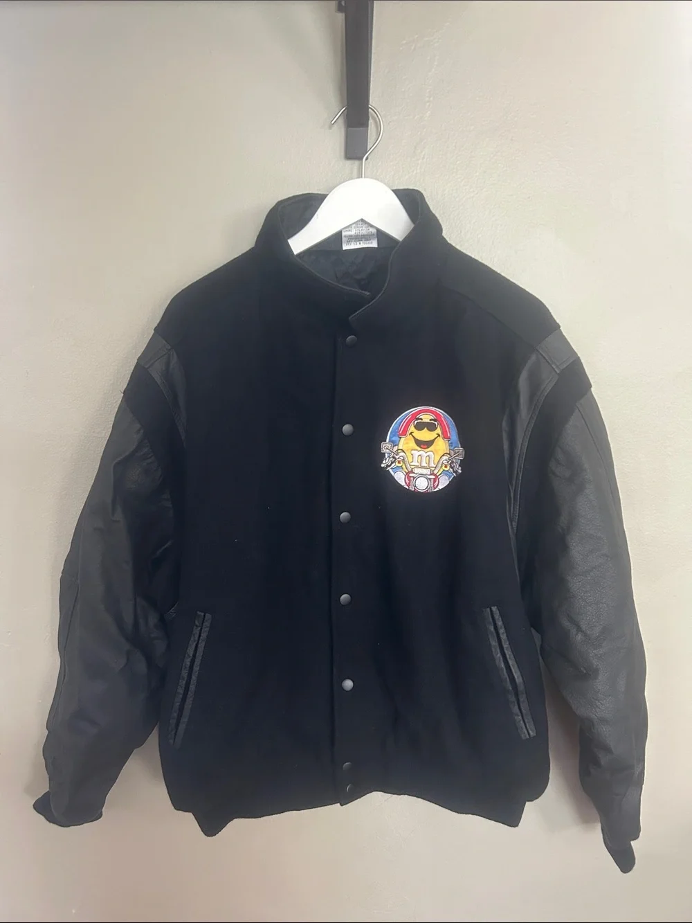 Vintage Black M&M Varsity Bomber Jacket with Colorful Logo